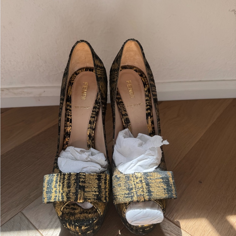 Fendi Gold and Black Patterned Heels